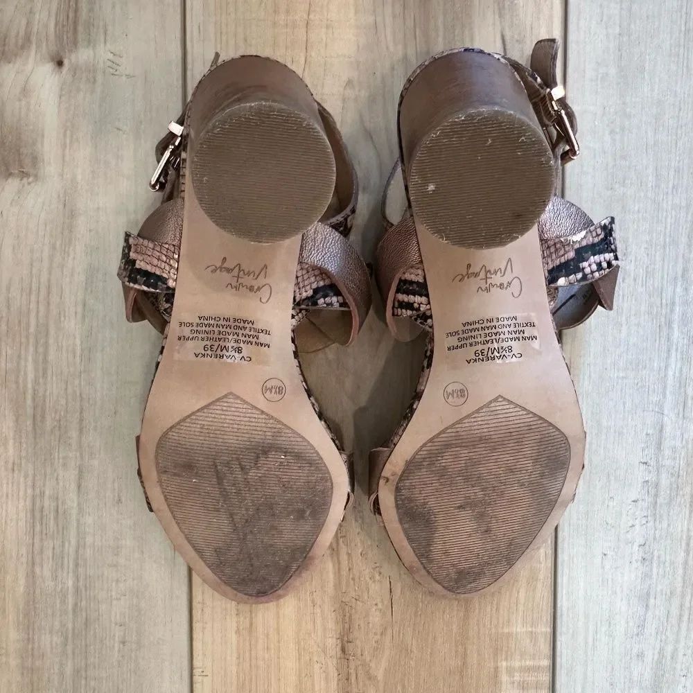 Crown Vintage Varenka Snakeskin Pattern Heel Open Toe Sandals Brown/Copper 8.5 - Picture 8 of 13